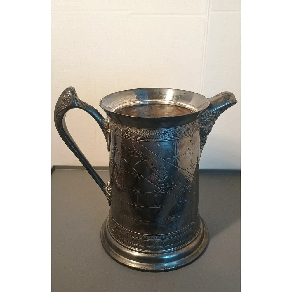 Benedict Rogers Silver Co Pitcher Antique 8.5in Silver Plated Etched Floral BRC2